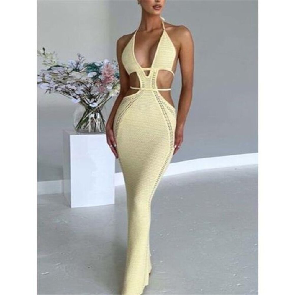 Halter Neck Cutout Knitted Maxi Dress